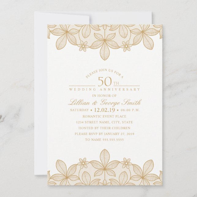 50th Wedding Anniversary Elegant Golden Lace Invitation (Front)