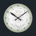 50th Wedding Anniversary Elegant Round Clock<br><div class="desc">A beautiful,  minimalist wedding anniversary design with green floral garland. Can be personalised by adding that husband and wife’s names and the years they have been married.</div>
