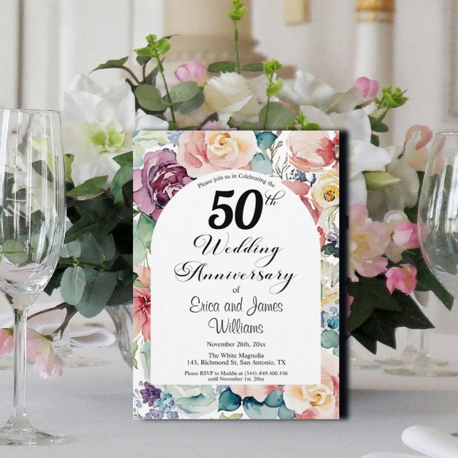 50th Wedding Anniversary Elegant Script Floral Invitation (Creator Uploaded)