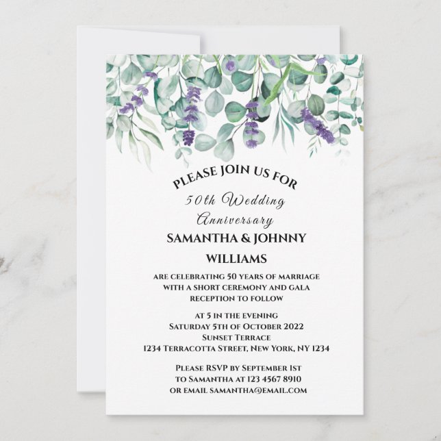 50th Wedding Anniversary Eucalyptus Lavender Invitation (Front)