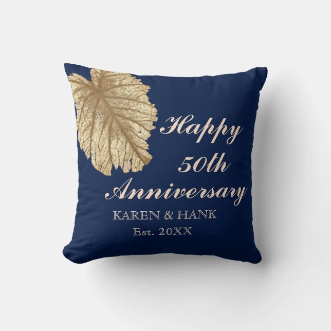 50th Wedding Anniversary Faux Gold Leaf Blue Cushion (Front)