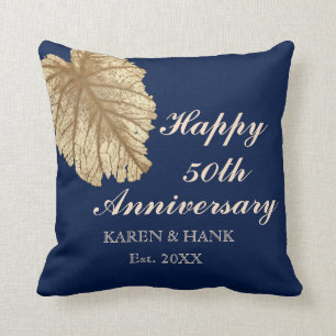 50th Wedding Anniversary Faux Gold Leaf Blue Cushion