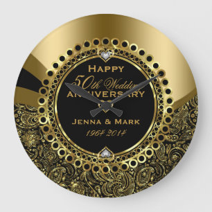50th Wedding Anniversary Floral Black & Gold Large Clock