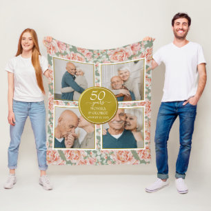 50th Wedding Anniversary Floral Gold Photo Fleece Blanket