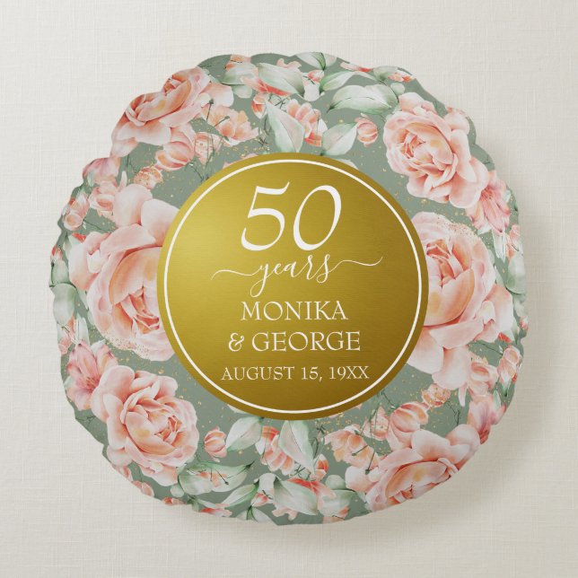 50th Wedding Anniversary Floral Gold Photo Round Cushion (Front)
