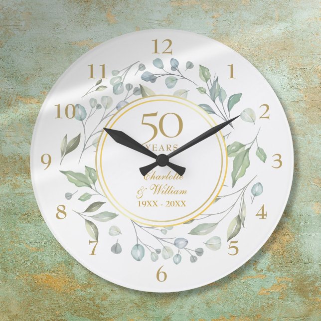 50th Wedding Anniversary Floral Greenery Large Clock (50th Wedding Anniversary Floral Greenery Large Clock)