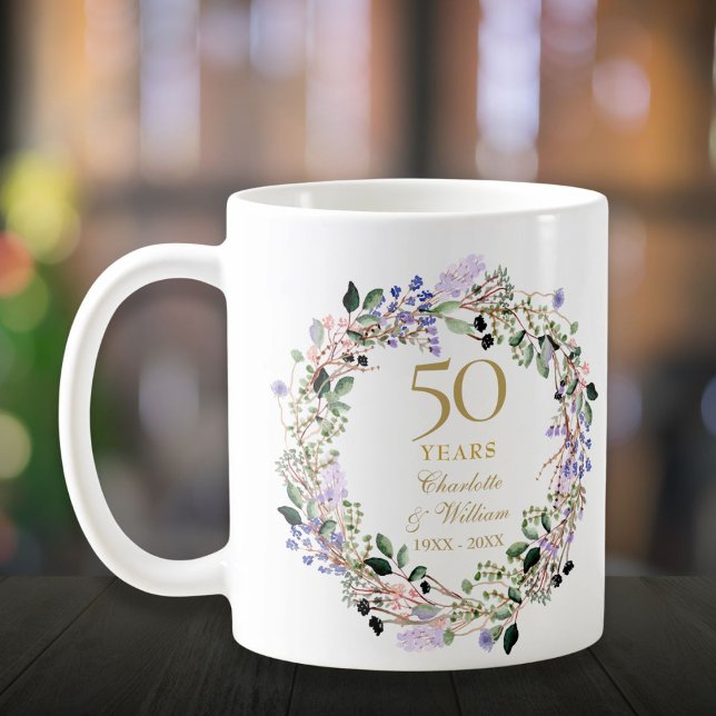 50th Wedding Anniversary Floral Lavender Garland Coffee Mug (50th Wedding Anniversary Floral Lavender Garland Coffee Mug)