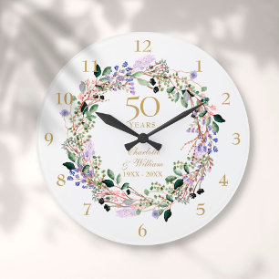 50th Wedding Anniversary Floral Lavender Garland Large Clock