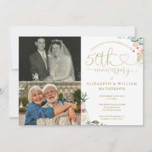 50th Wedding Anniversary Floral Monogram 2 Photos Invitation