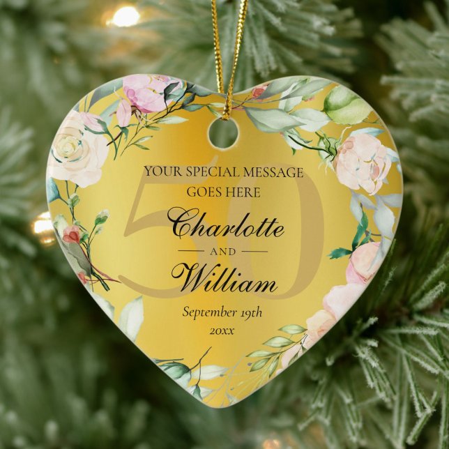 50th Wedding Anniversary Floral Monogram Gold Ceramic Ornament (50th Wedding Anniversary Floral Monogram Gold Ceramic Ornament)