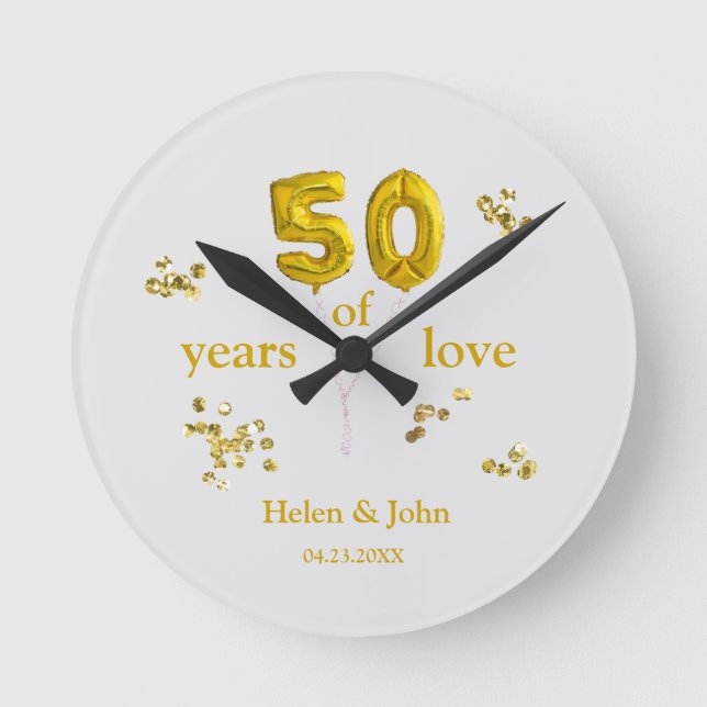 50th Wedding Anniversary Gift with Faux Glitters Round Clock (Front)