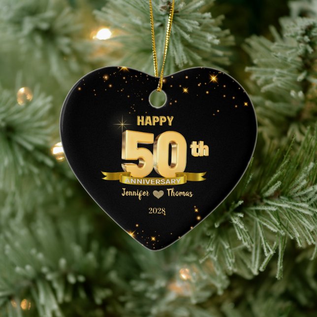 50th Wedding Anniversary Glitter Gold Custom Ceramic Ornament (Tree)