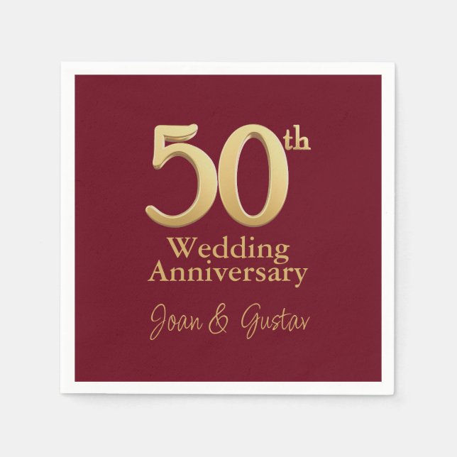 50th Wedding Anniversary | Gold and Burgundy Napkin (Front)