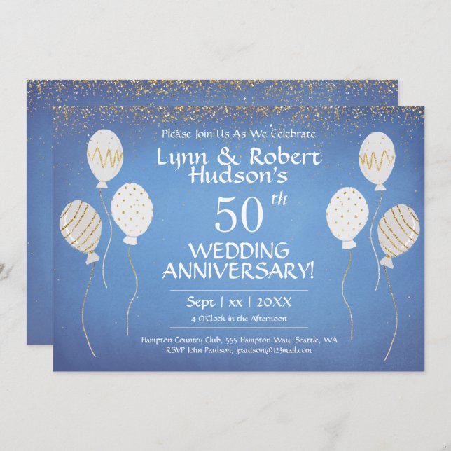 50th Wedding Anniversary, Gold and White Balloons  Invitation (Front/Back)