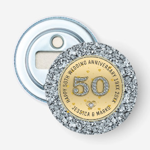 50th wedding anniversary gold and white diamonds bottle opener