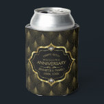 50th Wedding Anniversary & Gold Art Deco Pattern Can Cooler<br><div class="desc">Elegant gold tones art deco geometric pattern with a black background. Customizable text for the 50th wedding anniversary template.</div>