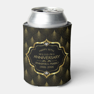 50th Wedding Anniversary & Gold Art Deco Pattern Can Cooler