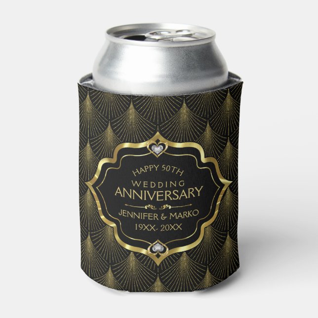 50th Wedding Anniversary & Gold Art Deco Pattern Can Cooler (Can Front)