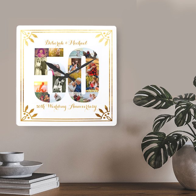 50th Wedding Anniversary  Gold Art Deco Photo Square Wall Clock (Creator Uploaded)