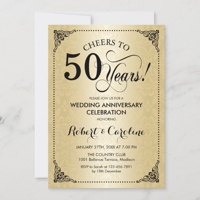 50th Wedding Anniversary - Gold Black Damask Invitation (Front)
