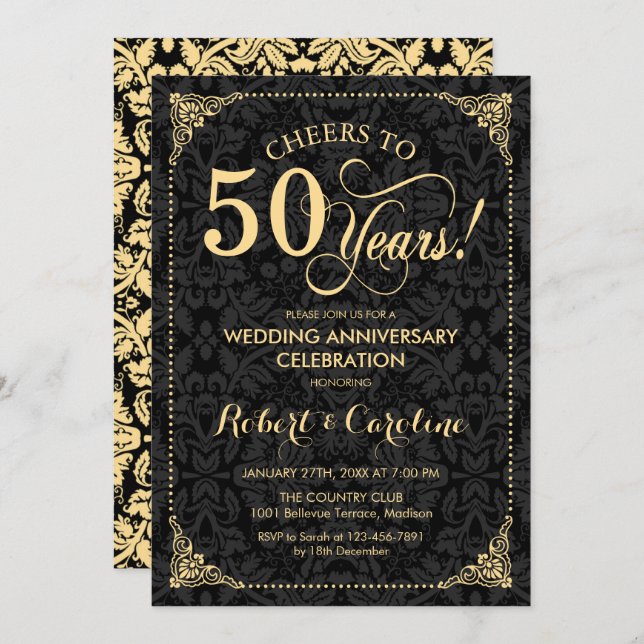 50th Wedding Anniversary - Gold Black Damask Invitation (Front/Back)