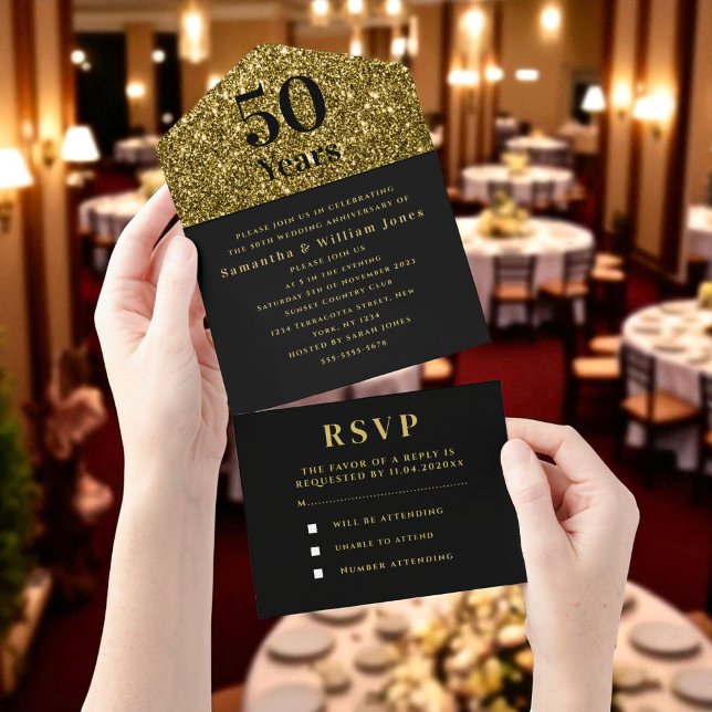50th Wedding Anniversary Gold Black Modern All In One Invitation (Creator Uploaded)