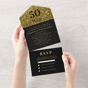 50th Wedding Anniversary Gold Black Modern All In One Invitation