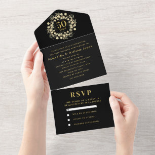 50th Wedding Anniversary Gold Black Modern All In One Invitation