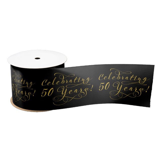 50th Wedding Anniversary Gold Black Satin Ribbon (Spool)