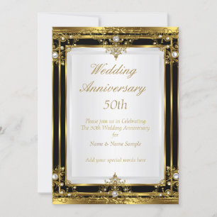 50th Wedding Anniversary Gold Black White Pearl 2 Invitation