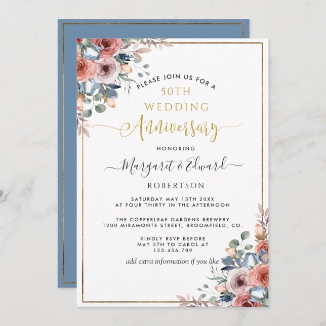 50th Wedding Anniversary, Gold Blue Blush Floral Invitation (Front/Back)