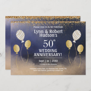 50th Wedding Anniversary, Gold, Blue, White Invitation