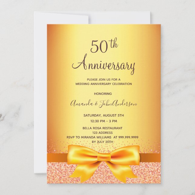 50th wedding anniversary gold bow invitation (Front)