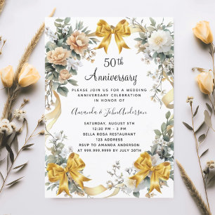 50th wedding anniversary gold bows yellow florals invitation