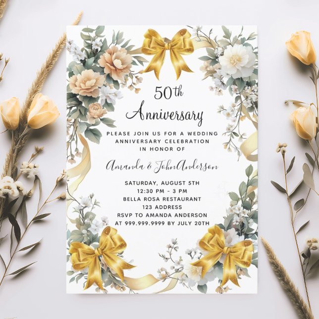 50th wedding anniversary gold bows yellow florals invitation (Creator Uploaded)