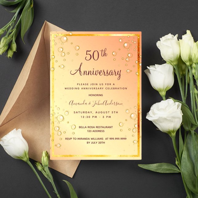 50th wedding anniversary gold bubbles invitation (Creator Uploaded)