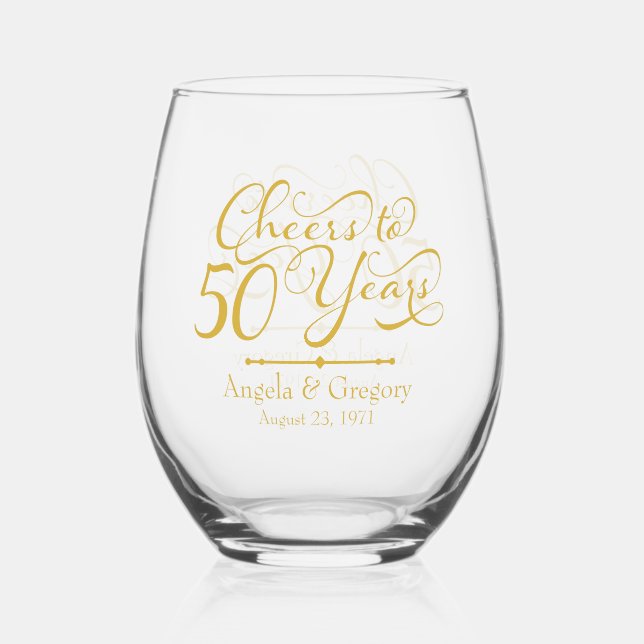 50th Wedding Anniversary Gold Cheers to 50 Years Stemless Wine Glass (Front)