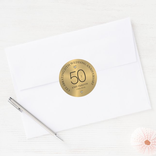 50th Wedding Anniversary & Gold Design Classic Round Sticker (Envelope)