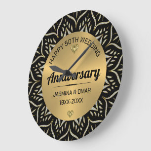 50th Wedding Anniversary Gold & Diamonds Large Clock