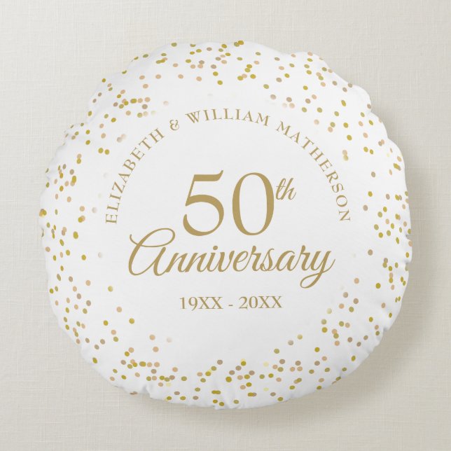 50th Wedding Anniversary Gold Dust Confetti Round Cushion (Front)