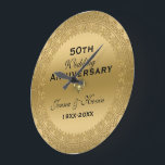 50th Wedding Anniversary Gold Floral Circle Large Clock<br><div class="desc">Elegant 50th wedding anniversary metallic gold print with customisable text. Heart-in-heart diamond design accent</div>