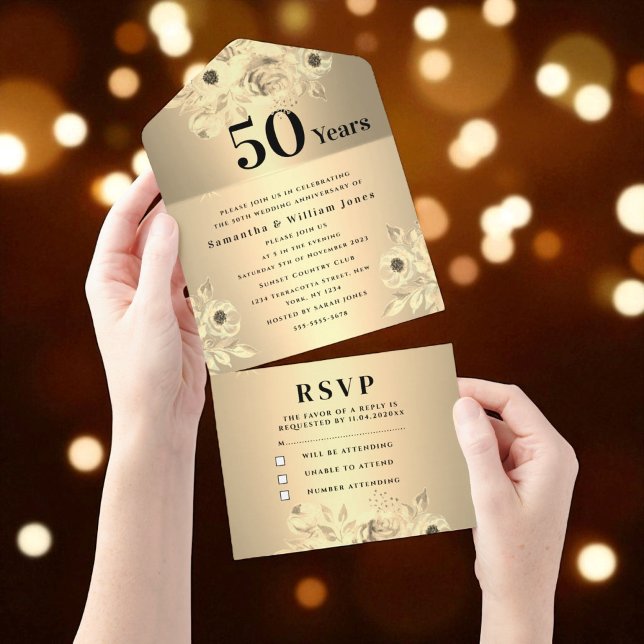 50th Wedding Anniversary Gold Floral Modern All In One Invitation (Creator Uploaded)