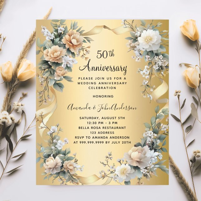 50th wedding anniversary gold florals invitation (Creator Uploaded)
