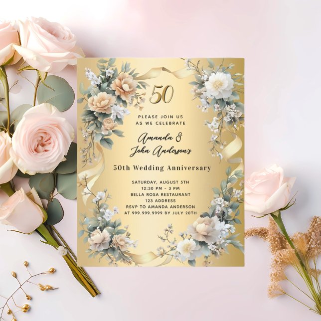 50th wedding anniversary gold florals invitation (Creator Uploaded)