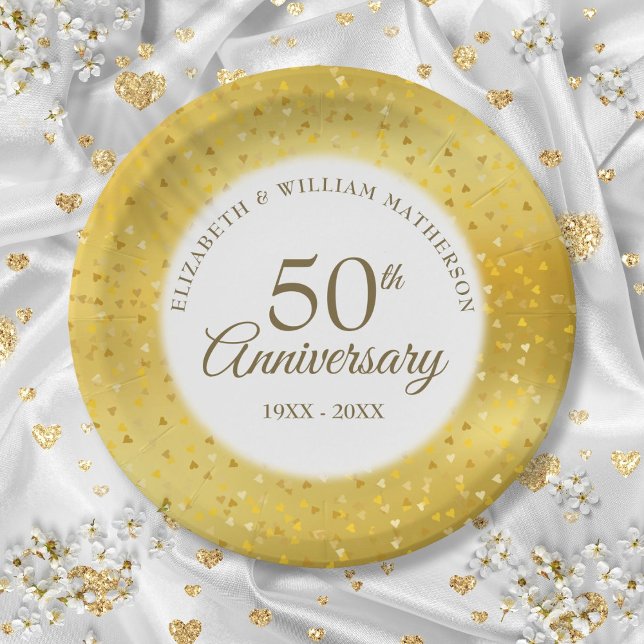 50th Wedding Anniversary Gold Foil Hearts Confetti Paper Plate (50th Wedding Anniversary Gold Foil Hearts Confetti Paper Plates)