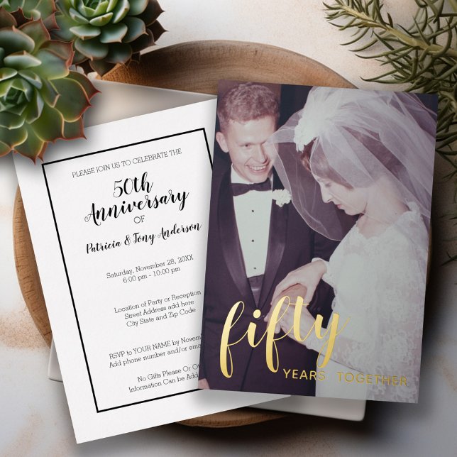 50th Wedding Anniversary Gold Foil & Photo (Wedding Anniversary Invitation)