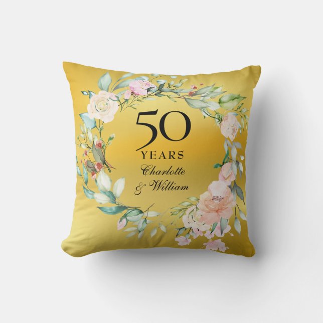 50th Wedding Anniversary Gold Foil Roses Garland Cushion (Front)