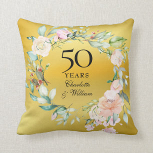 50th Wedding Anniversary Gold Foil Roses Garland Cushion