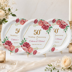 50th Wedding Anniversary Gold Frame Floral Paper Plate