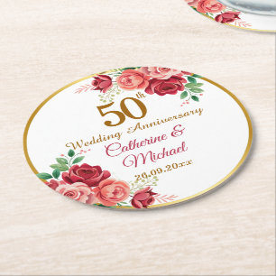 50th Wedding Anniversary Gold Frame Floral Round Paper Coaster